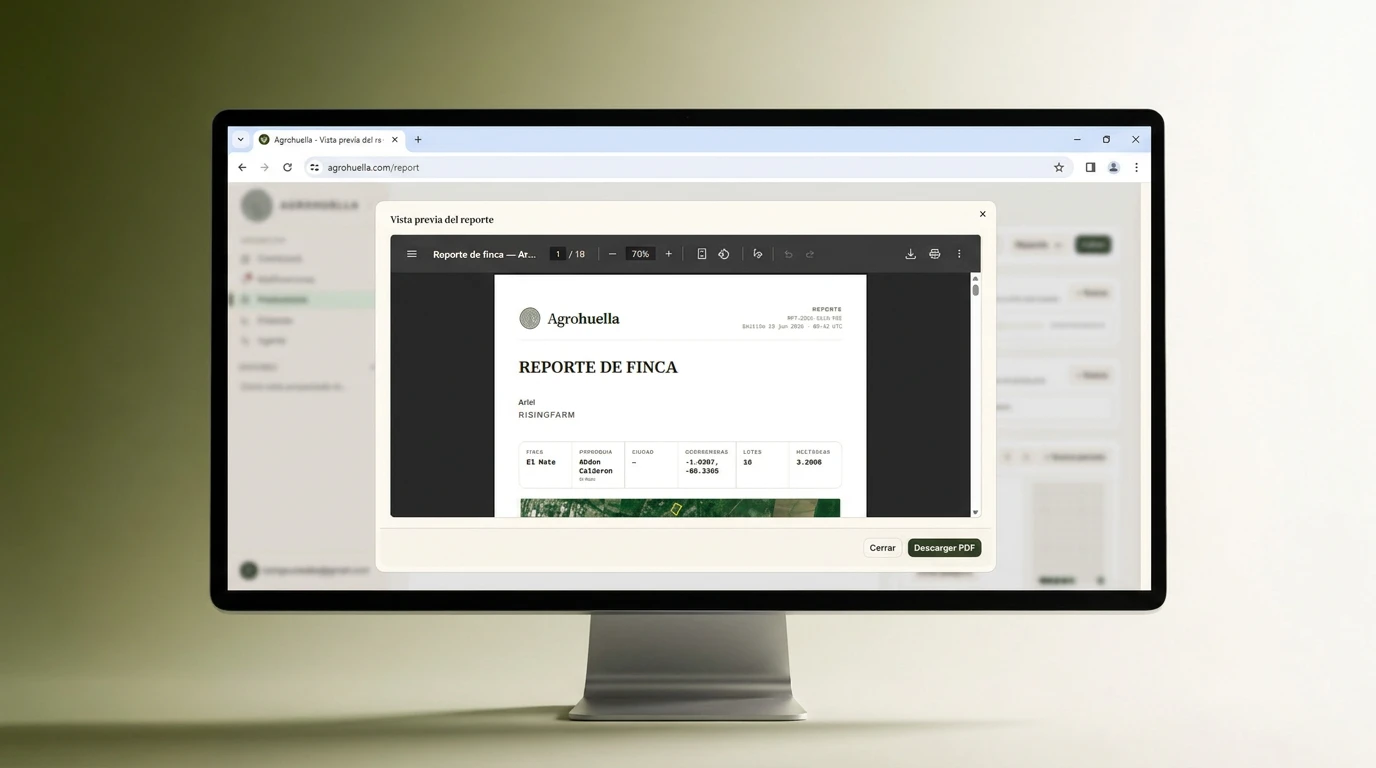 Vista previa de un reporte de finca en PDF en la web de Agrohuella, con los datos de la finca, coordenadas, lotes y hectáreas.